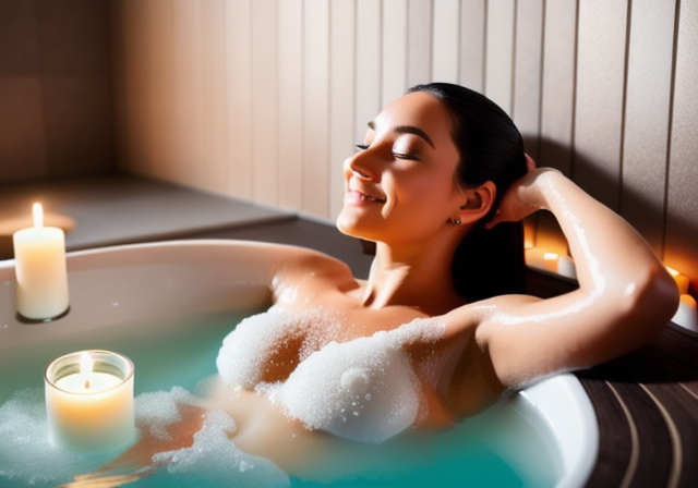 Mulher desfrutando de um banho relaxante com velas e óleos essenciais