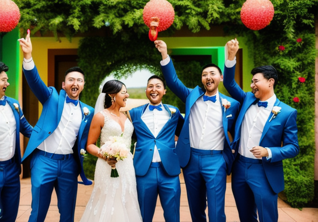 Group of groomsmen and bridesmaids celebrating at a wedding reception