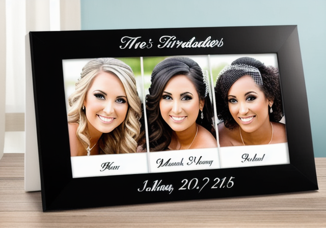 Porta-retratos personalizado com uma foto dos noivos e das madrinhas
