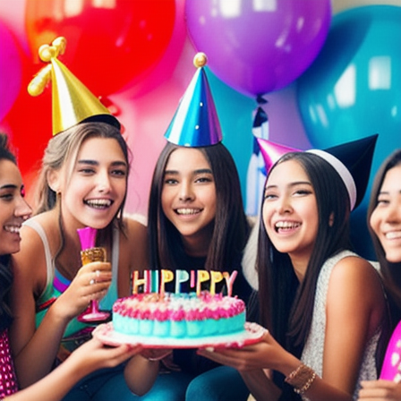Grupo de amigos comemorando o aniversário de 18 anos de uma pessoa com uma festa surpresa