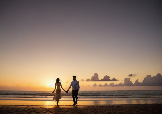 Casal caminhando de mãos dadas em uma praia ao pôr do sol