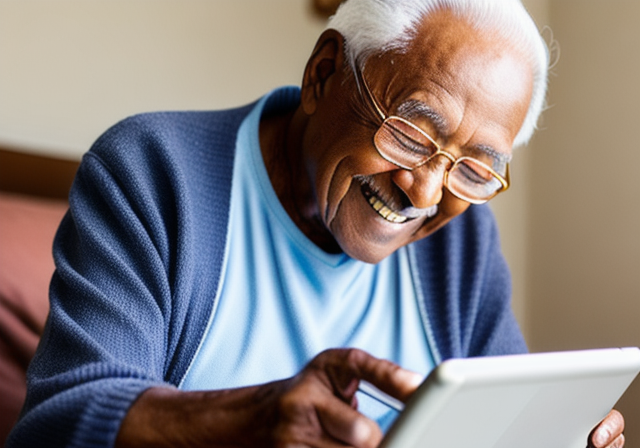 An elderly man smiling while using a tablet
