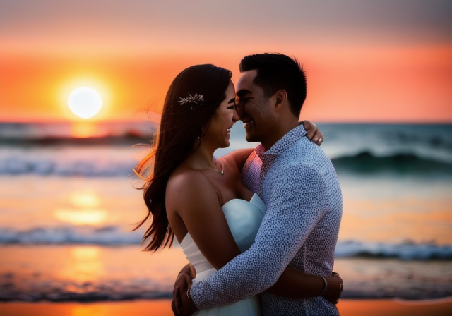 Casal feliz se abraçando em uma praia