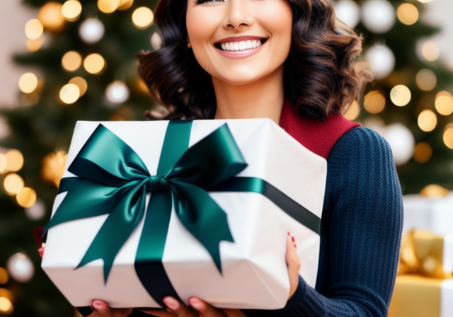 Mulher segurando uma caixa de presente lindamente embrulhada com um sorriso no rosto