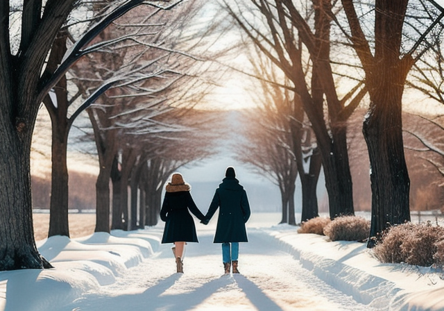 Casal caminhando de mãos dadas em uma paisagem de inverno