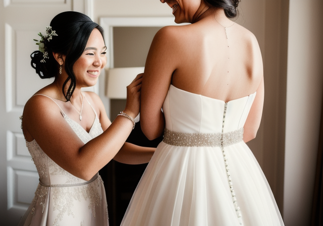 Bridesmaid helping the bride with her dress