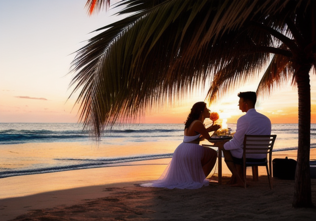 Casal desfrutando de um jantar privado em uma bela praia ao pôr do sol