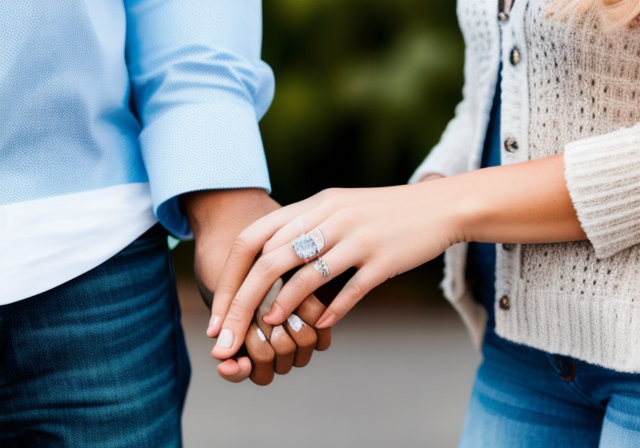 Casal feliz segurando as mãos e sorrindo, com uma aliança de noivado destacada no dedo da mulher.