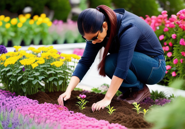 Pessoa plantando flores em um jardim colorido