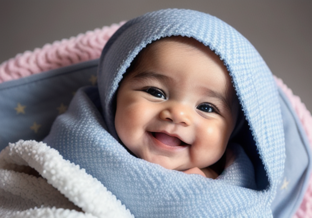 Imagem de um bebê sorrindo enrolado em um cobertor macio
