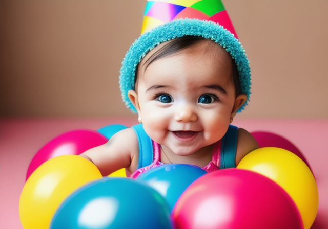 Bebê sorrindo usando um chapéu de festa e segurando um brinquedo colorido