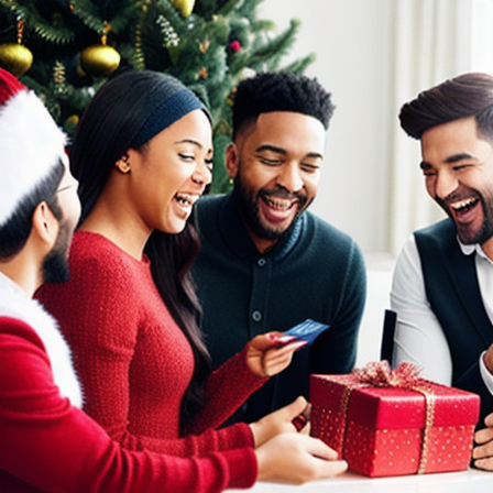 Group of people laughing and exchanging gifts during a Secret Santa game