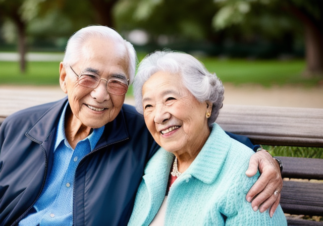 Casal de idosos sentados em um banco de parque, de mãos dadas e sorrindo.